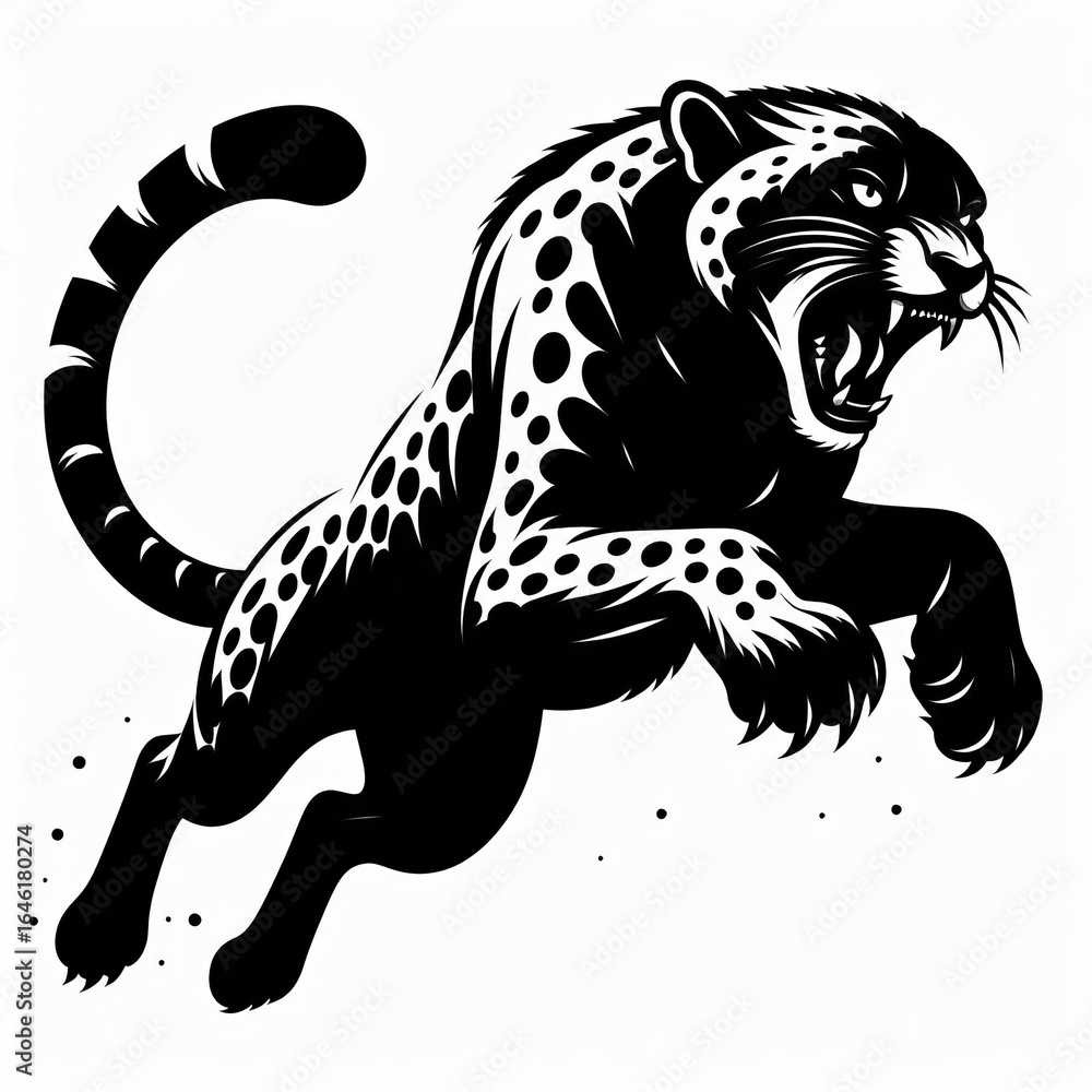 Obraz premium Ferocious black panther leaping with mouth open and claws extended