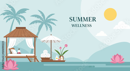 Summer wellness concept with spa gazebo, tropical plants and calming beachside views