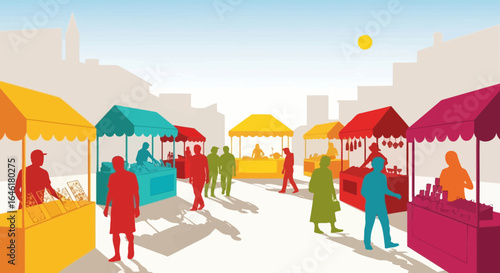 Vibrant city market scene with colorful stalls and pedestrian silhouettes illustration