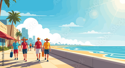 Vibrant coastal scene of group enjoying a sunny day walking along the boardwalk