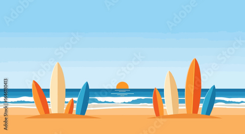 Surfboards Standing On Sandy Shoreline Against Calm Ocean With Sunset