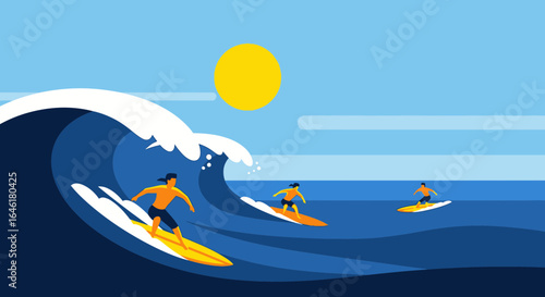 Surfing Adventure In The Sea With Sunny Weather And Big Ocean Waves