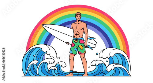 Surfer Strolling Through Crashing Waves With Rainbow Illustration Background