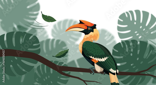 Vibrant hornbill perches gracefully on a branch amidst lush tropical foliage illustration