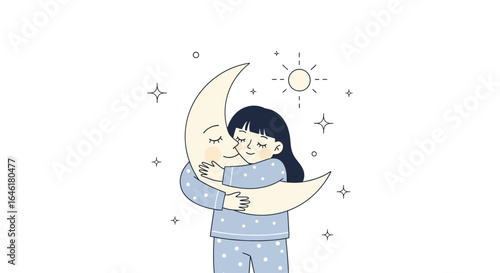 Sweet Dreams Girl Embracing Sleeping Moon In Starry Sky Illustration
