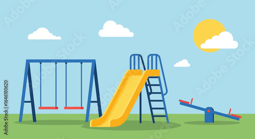 Vibrant playground illustration featuring swings, slide and seesaw under the sun and clouds