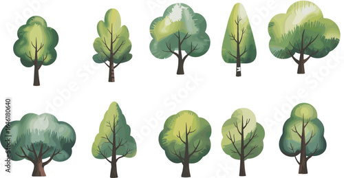 PrintCollection of various green trees, cartoon style forest plants, nature landscape elements, eco friendly environment design, botanical clipart illustration set