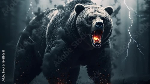 An intimidating grizzly bear roars ferociously, illuminated by flashes of lightning during a dramatic thunderstorm in a dark forest.