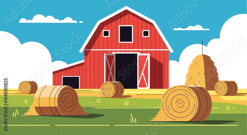 Vibrant vector illustration showcasing a classic red barn with hay bales in a rural field under a sunny sky