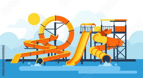 Vibrant water park illustration with slides and sun inviting fun and excitement at a water park