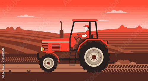 Vintage tractor plowing field at sunset illustration, countryside farming scene concept with red tractor working the land, retro style