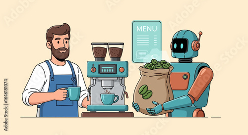 The future of coffee: A barista and a robot collaborate at a modern cafe setting