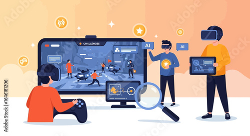 Virtual Reality Gaming Illustration Showcasing Advanced AI Integration and User Interaction