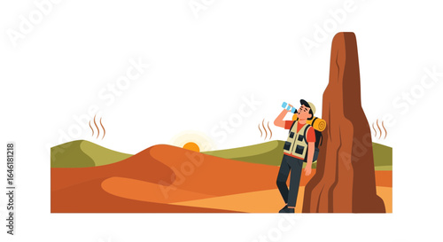 Thirsty traveler in hot desert drinking water, exhausted from desert heat illustration