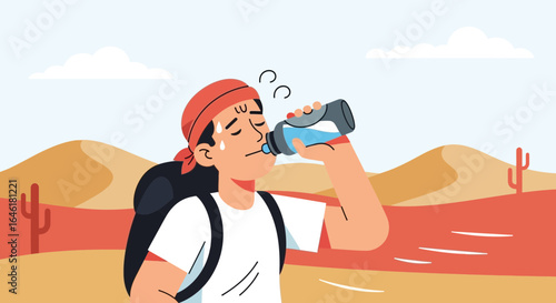 Thirsty hiker drinks water in desert landscape vector illustration artwork
