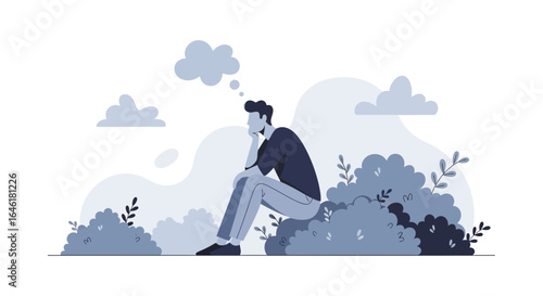 Thoughtful man sitting in nature thinking, isolated on a white background cartoon flat design style, depicting introspection and contemplation