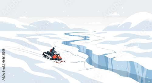 Thrilling snowmobile adventure across a vast arctic landscape with icy cliffs
