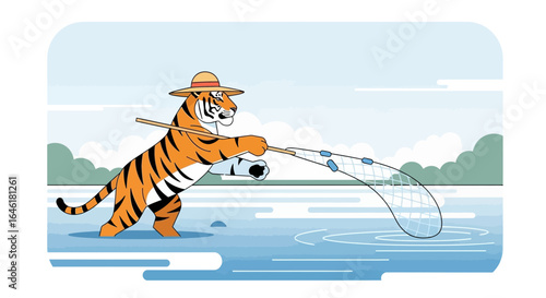 Tiger Character With Fishing Net Standing in Water Illustration Vector