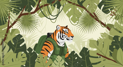 Tiger exploring the jungle with backpack illustration adventure themed vector illustration  adventure themed vector illustration
