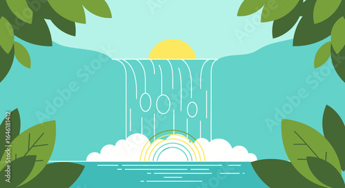 Waterfall Scenery With Leaves Frame In Minimalist Illustration Style