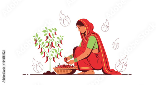 Traditional Indian woman harvesting chili peppers in a vibrant garden setting vector illustration