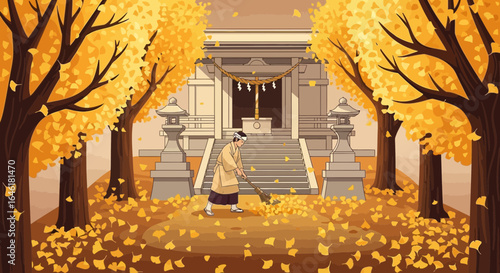 Tranquil autumn scene at a traditional japanese temple with caretaker sweeping leaves