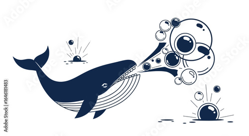 Whale blowing bubbles vector illustration, minimalistic style, cartoon vector design, whale vector blowing bubbles art design element