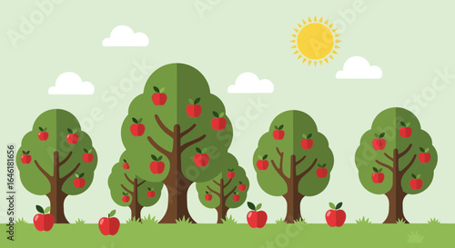 Whimsical Apple Orchard Illustration with Trees Sun and Clouds Vector Design