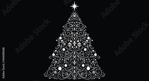 Elegant Christmas tree silhouette, intricate floral pattern, decorative holiday tree, festive ornament design, winter celebration, black and white vector