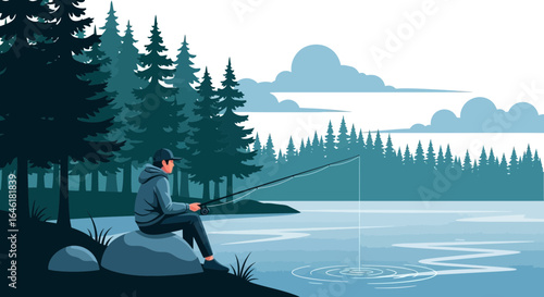 Tranquil vector landscape featuring a fisherman enjoying a peaceful afternoon by the lake