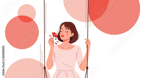 Tranquil woman on a swing, lost in the scent of a flower and daydreaming about life