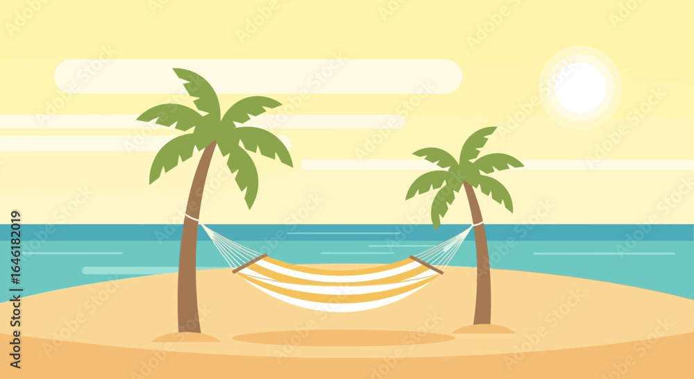 Obraz premium Tropical Beach Getaway with Hammock and Palm Trees for Relaxation and Vacation