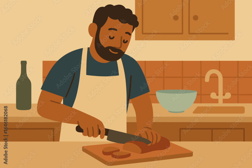 Vector illustration of a cartoon chef preparing dinner at the kitchen table in a flat style home setting Vector illustration of a cartoon chef preparing dinner at the kitchen table in a flat style home setting
