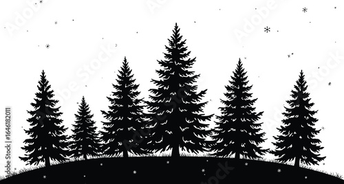 Pine tree silhouette vector, winter forest scene, evergreen trees with snowflakes, Christmas tree landscape, nature background illustration