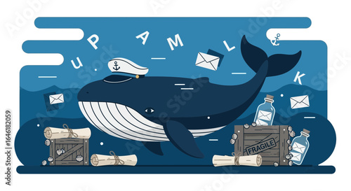 Whimsical depiction of a nautical whale captain delivering messages in the ocean