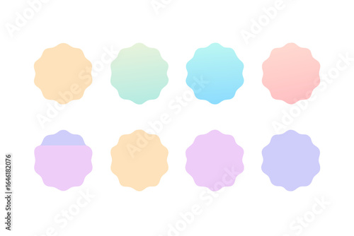 Eight pastel colored rosette shapes arranged in two rows on a white background display soft hues