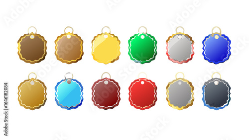 Illustration of twelve colorful scalloped tags or labels with gold trim and silver ringlets on white