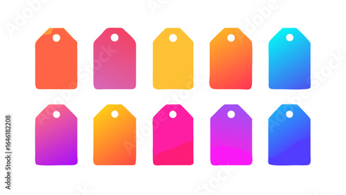 Collection of ten colorful gradient price tags arranged in two rows on a white background plain style