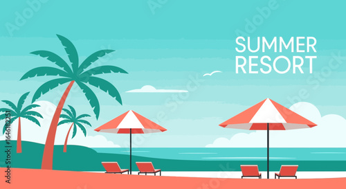 Tropical paradise at a summer resort with palm trees and beach umbrellas