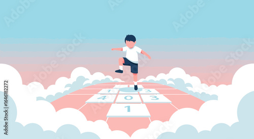Whimsical Hopscotch Adventure in the Clouds: A Childhood Dreamscape Illustration