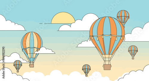Whimsical Hot Air Balloons Ascending Over Clouds, a Pastel Sky and Golden Sun