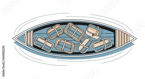 Whimsical illustration featuring a rowboat filled with charming picnic baskets ready for an outing