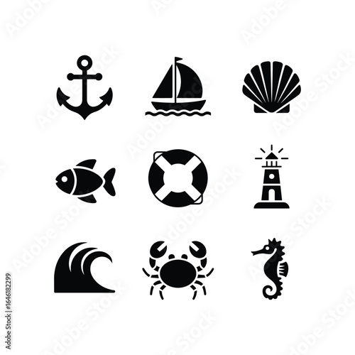 Nautical icons collection featuring anchor sailboat shell fish lifebuoy lighthouse wave crab seahorse