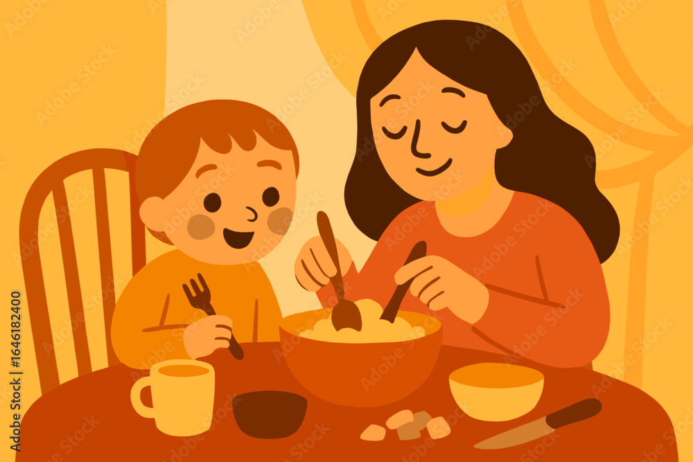 A mother prepares the table for her children, depicting a family breakfast scene with black characters in a flat vector illustration style, emphasizing care for relatives A mother prepares the table for her children, depicting a family breakfast scene with black characters in a flat vector illustration style, emphasizing care for relatives