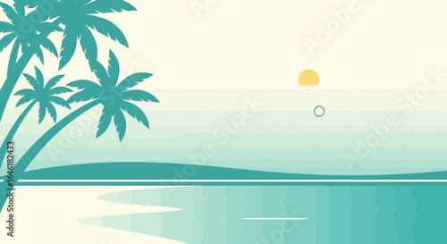 Tropical paradise vector illustration with palm trees, ocean, and sunset for vacation and travel theme