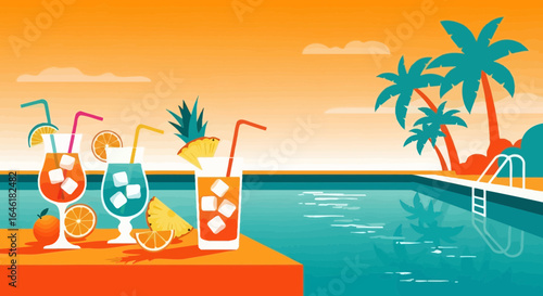 Tropical Poolside Relaxation: Refreshing Cocktails and Serene Palm Tree View