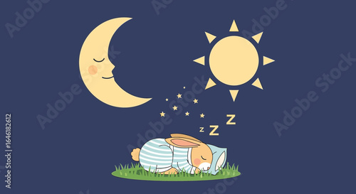 Whimsical Illustration of a Sleeping Rabbit with Moon Stars and Sun in Dreamland Setting