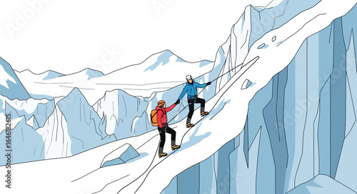 Two climbers ascending a snowy mountain peak with a rope vector illustration