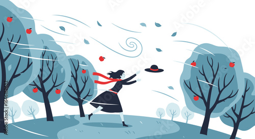 Whimsical illustration of a windy autumn day with a woman chasing her hat amidst apple trees and swirling leaves