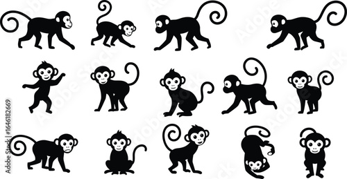 Monkey silhouette vector, playful monkeys illustration, animal clipart, wild primates, jungle wildlife, cute monkey icons, cartoon monkey design